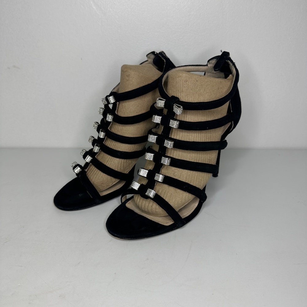 Coach Black‎ Velvet Stiletto Holiday Heels With Silver Metal Bows sz 8.5